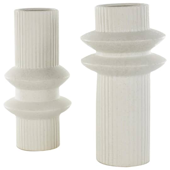 White Ceramic Abstract Ribbed Vase with Speckled Texturing